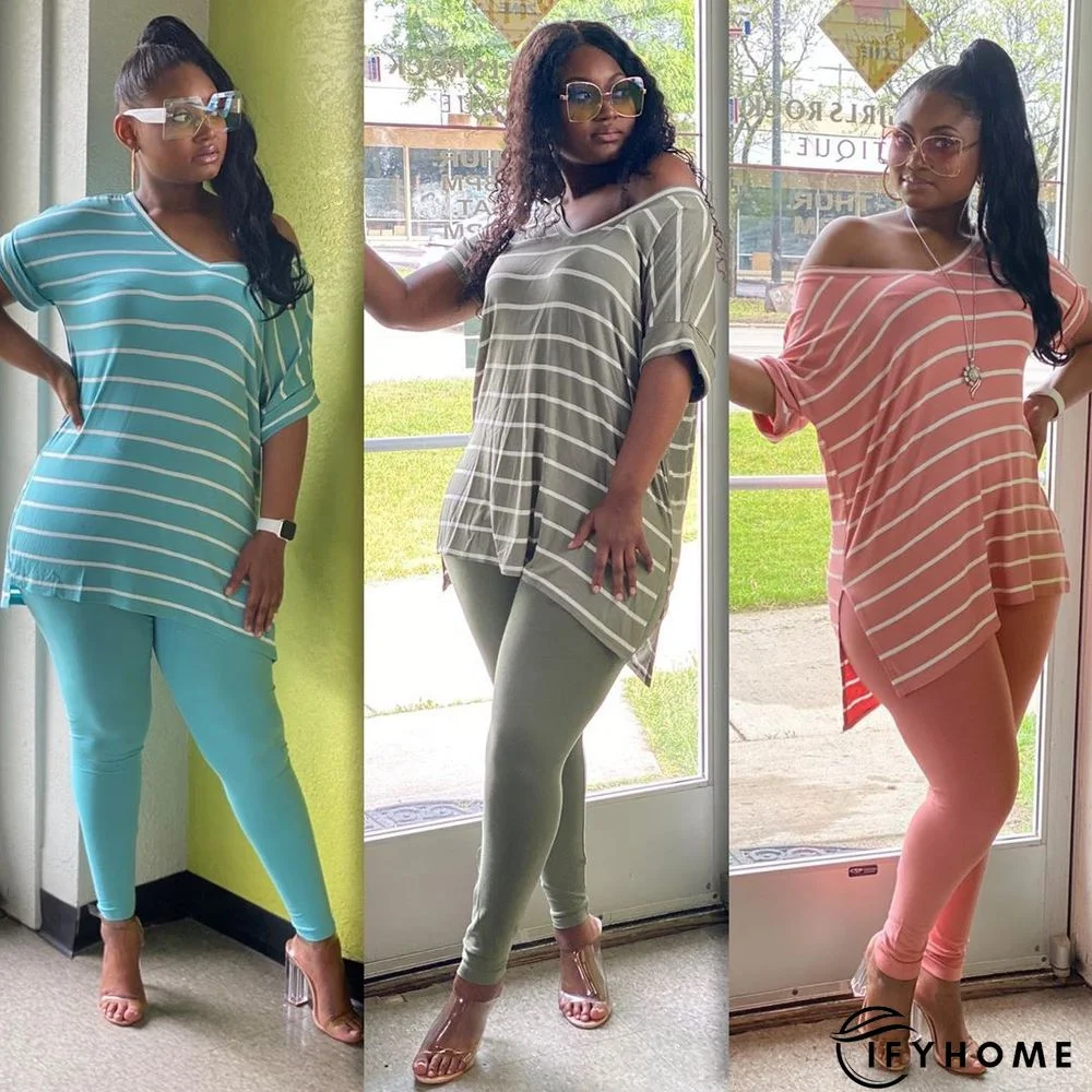 Loose Stripe Casual Home Plus Size Two-piece Set | IFYHOME