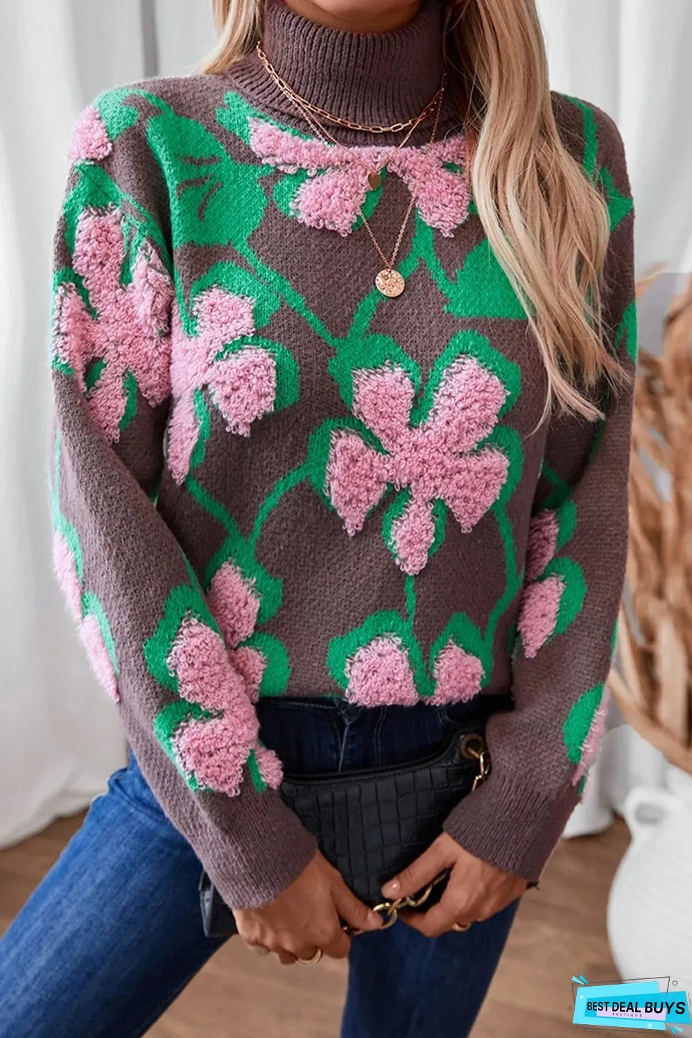Pink Plush Floral Collar Loose Pullover Sweater