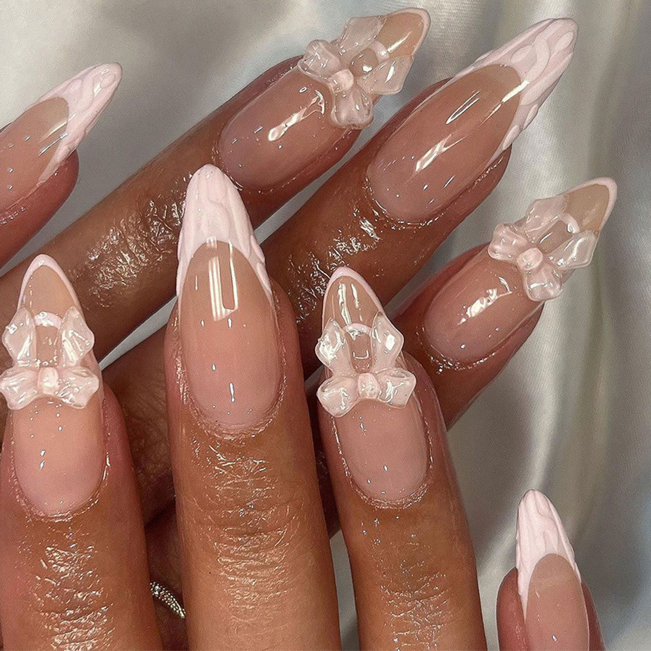 Bonushus French Cow Pattern Press On Nails – Cute Summer Nails with Pink Bow Decor  