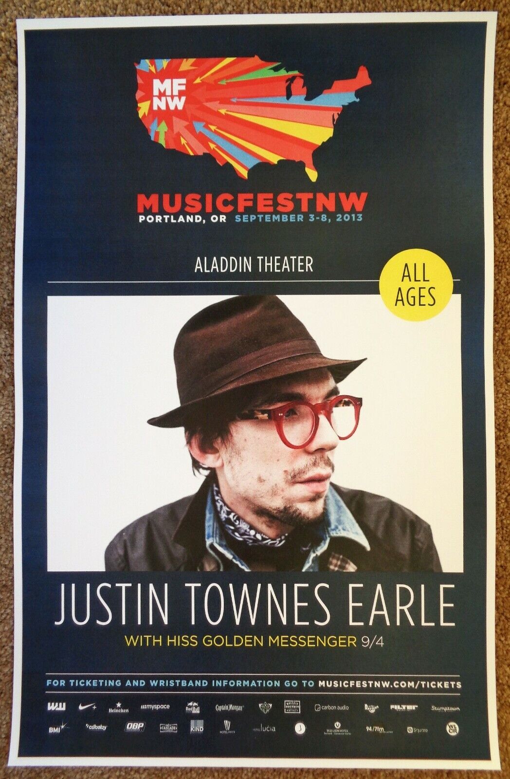 JUSTIN TOWNES EARLE 2013 Gig POSTER MFNW Portland Oregon Musicfest NW Concert