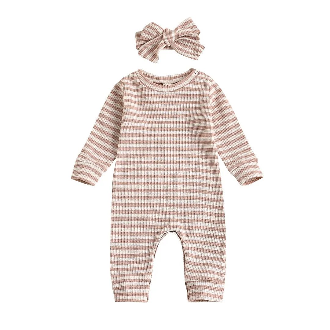 Newborn Baby Girls Long Sleeve Romper, Horizontal Stripe Printing Classic Round Neck Ribbed Closing Sping Clothing