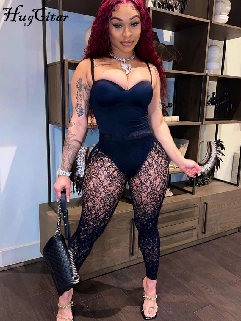 Hugcitar Women Slip Backless Long Black Body Slim Lace Jumpsuits 2021 Autumn Fashion Elegant Sexy Club Overalls Outfits