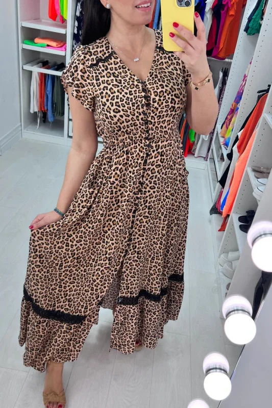 Leonora Leopard Print Ruffle Hem Maxi Dress