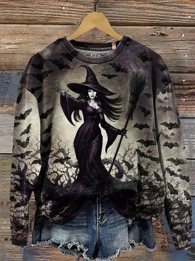 Women's Halloween Witch Art Print Long Sleeve Sweatshirt
