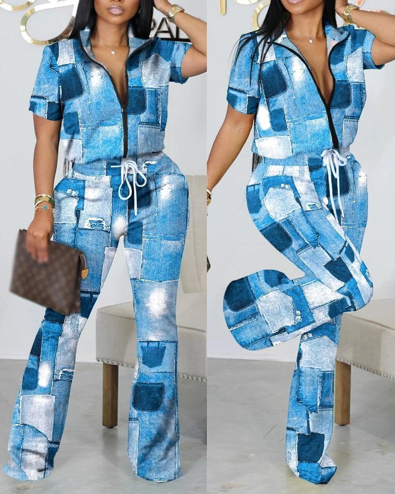 Uveng Uveng Women's Clothing Explosion 2023 Spring And Summer New Two Sets Of Fashion Zipper Short-Sleeved Trousers Set