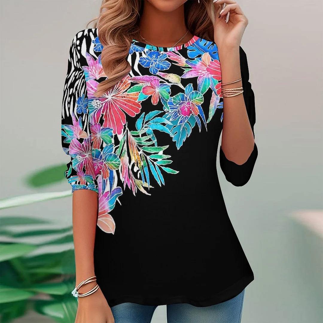 Full Printed Long Sleeve Plus Size Tunic for  Women Pattern Floral,Black,Blue,Pink
