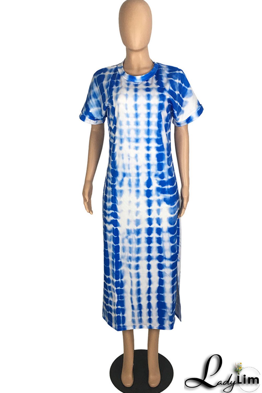 Blue Fashion Casual Print Slit O Neck Short Sleeve Dress Dresses