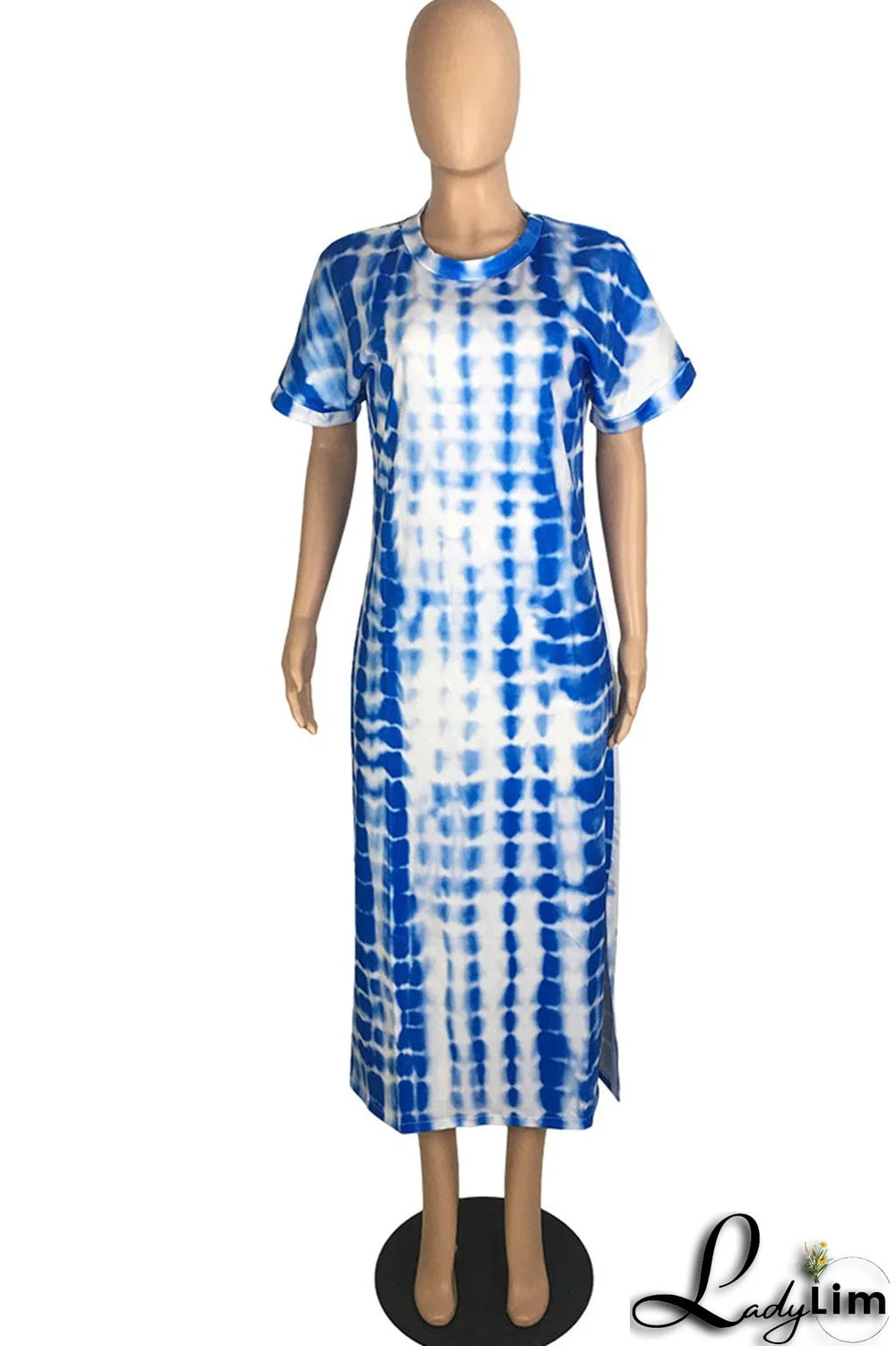 Blue Fashion Casual Print Slit O Neck Short Sleeve Dress Dresses