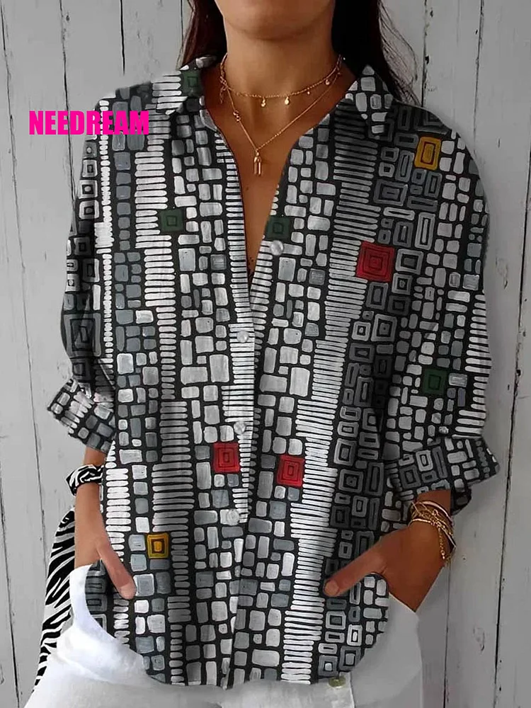 Womens Watercolor Art Pattern Cotton And Linen Shirt