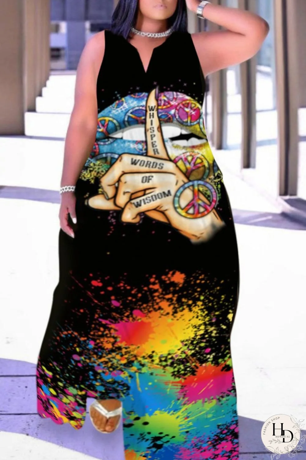 Colour Fashion Casual Plus Size Print Patchwork V Neck Sleeveless Dress