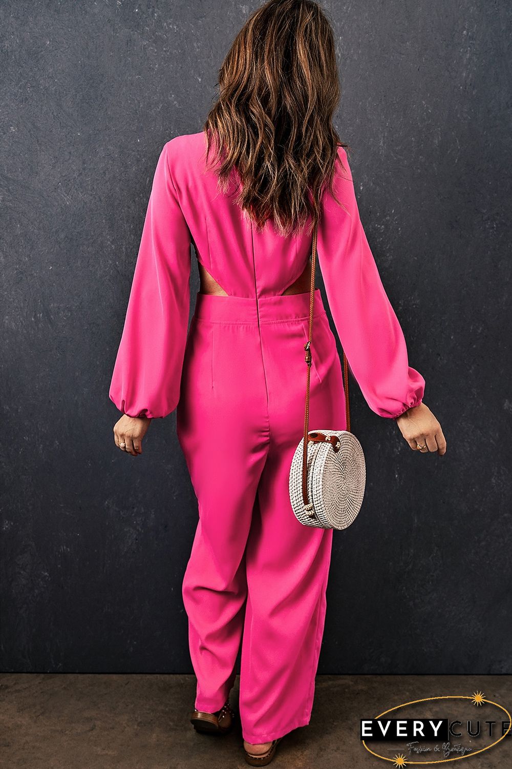 Red V Neck Bubble Sleeve Cut out Waist Wide Leg Jumpsuit