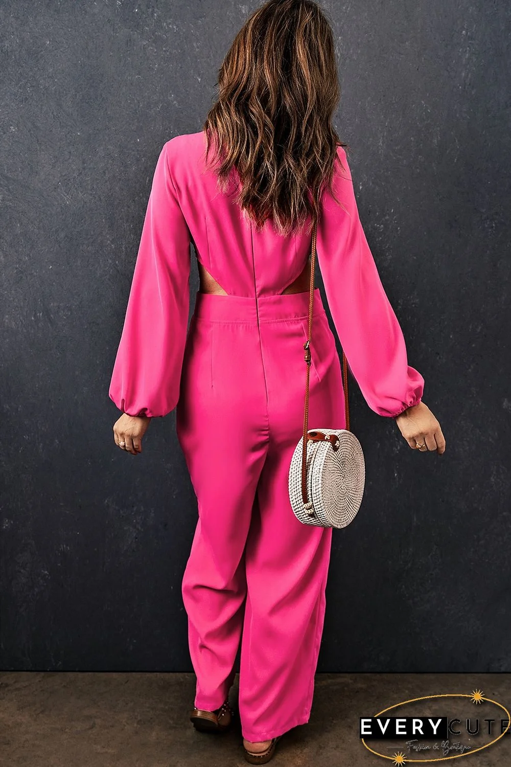 Red V Neck Bubble Sleeve Cut out Waist Wide Leg Jumpsuit