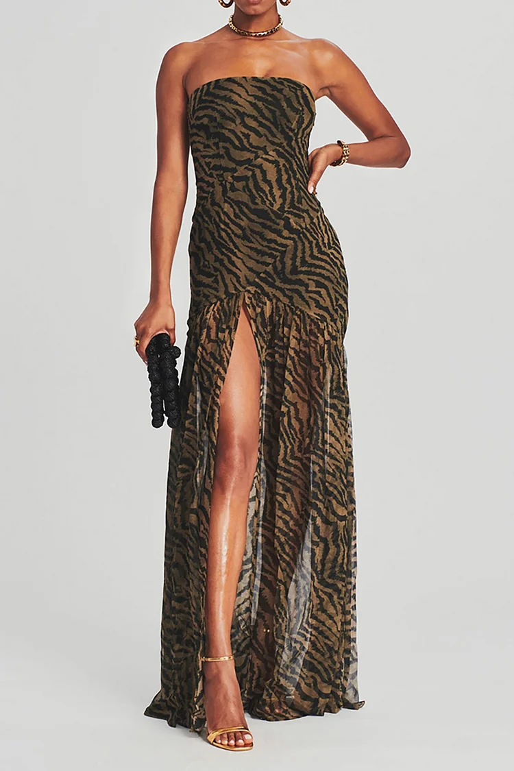 Leopard Print Strapless Slim High Slit Mesh Maxi Dresses