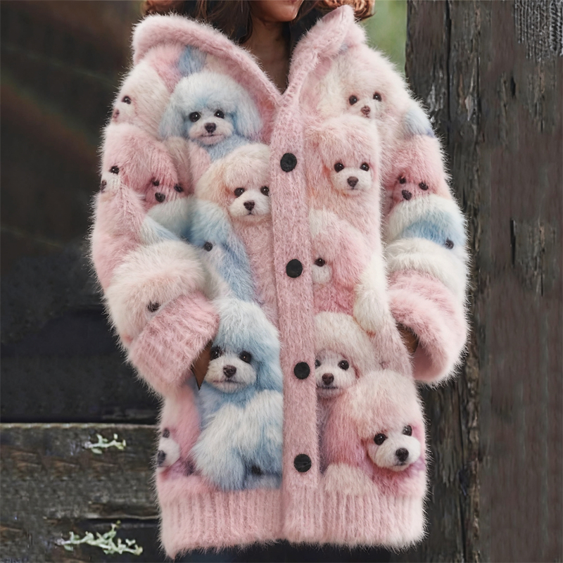 Fluffy Colorful Dogs Cozy Knit Hooded Cardigan elevenforest
