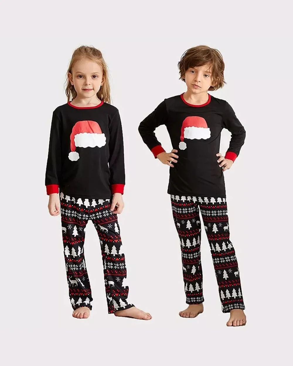 Black Santa Hat deer Print Christmas Pajamas