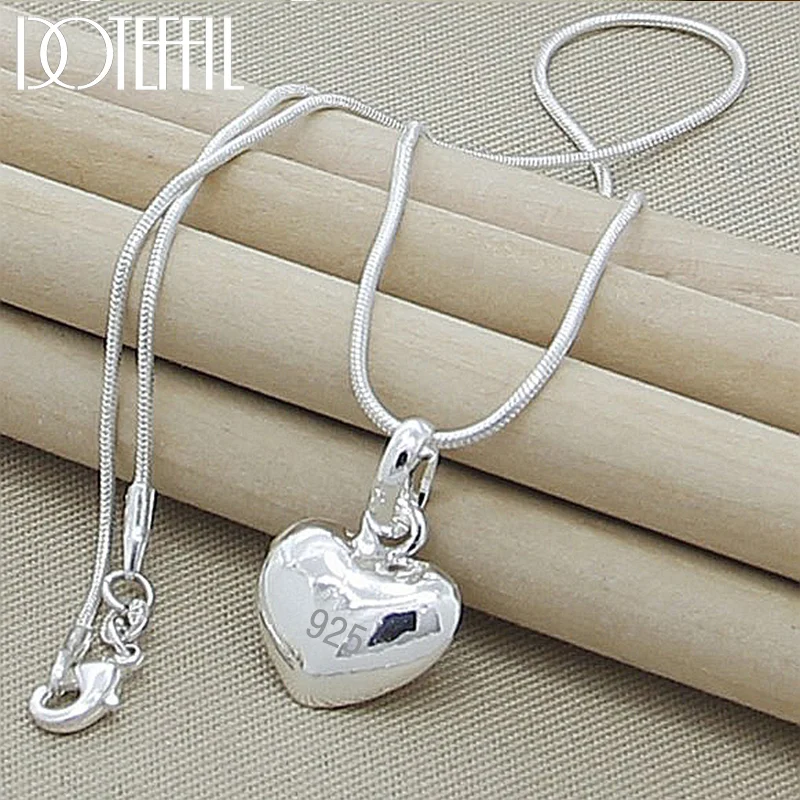 DOTEFFIL 925 Sterling Silver Solid Small Heart Pendant Necklace 16-30 Inch Snake Chain For Women Jewelry
