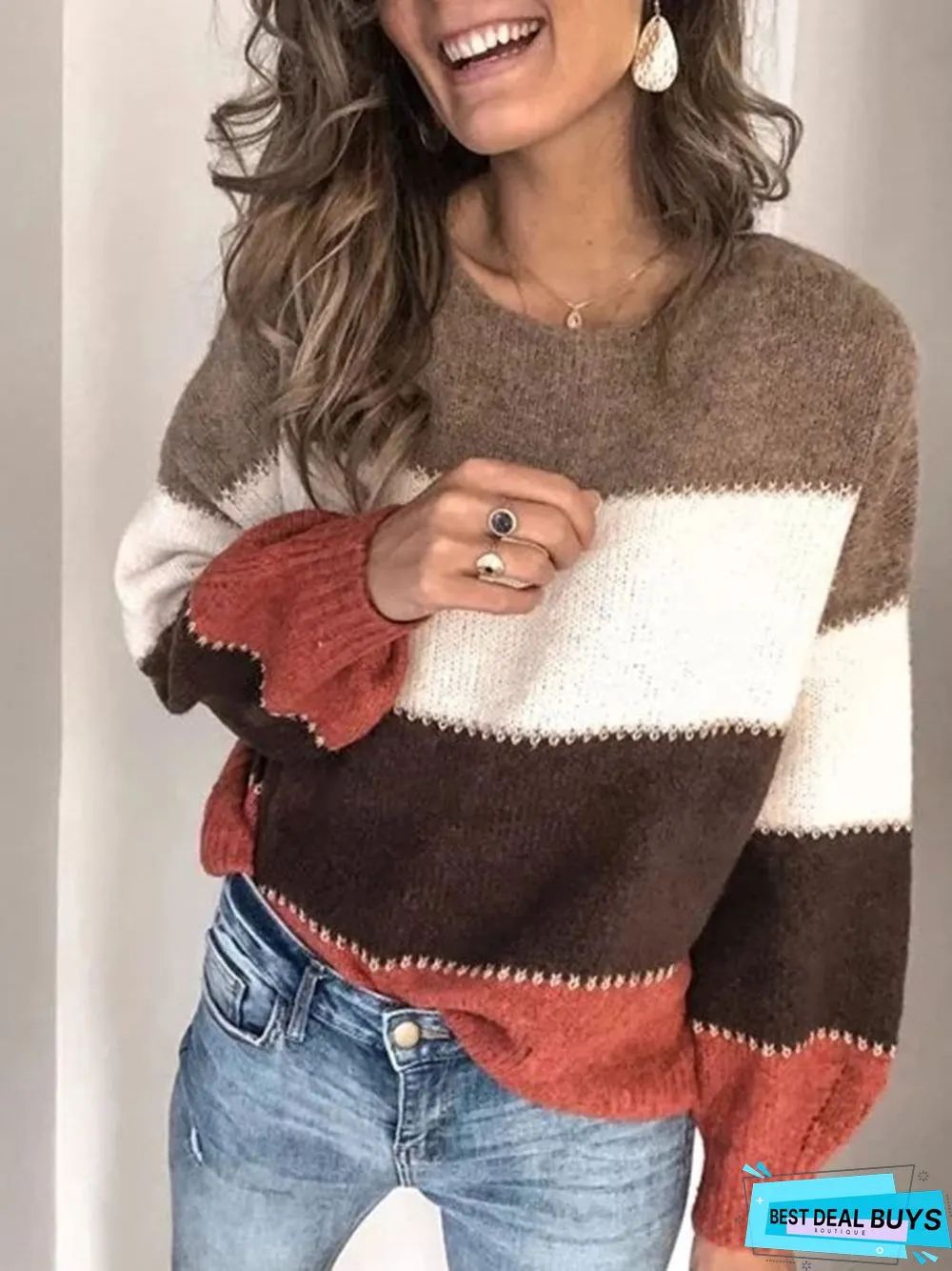 Long Sleeve Casual Paneled Crew Neck Sweater