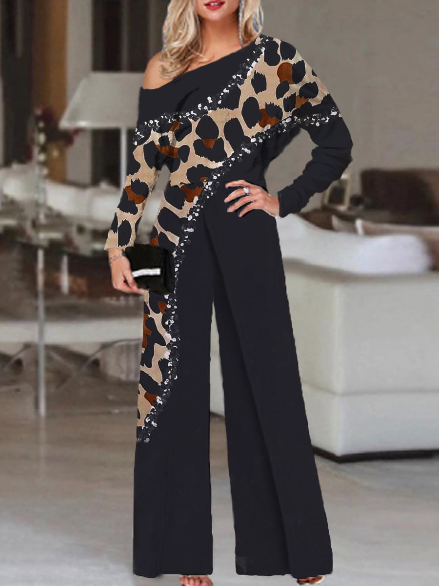 Fashion Leopard Print Off-shoulder Long Sleeve Jumpsuit Women
