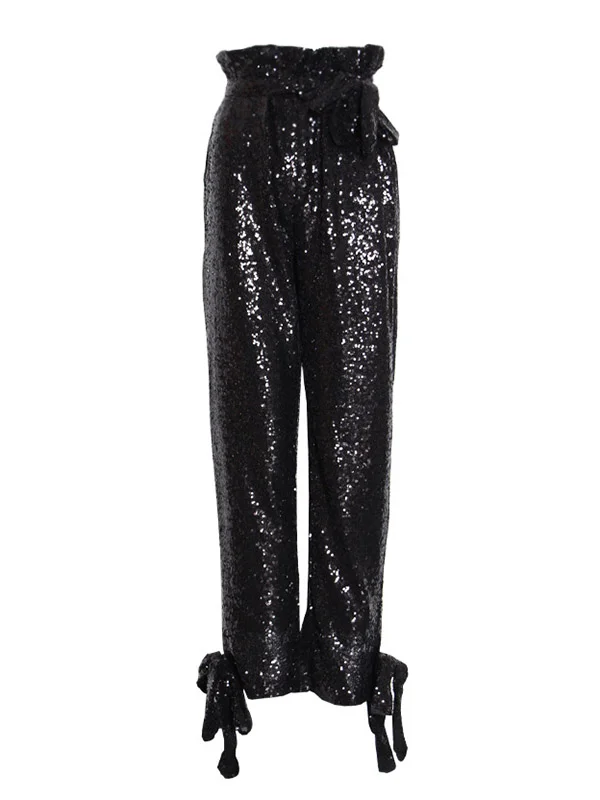Original Loose Tied Solid Color Shiny Casual Pants Bottoms