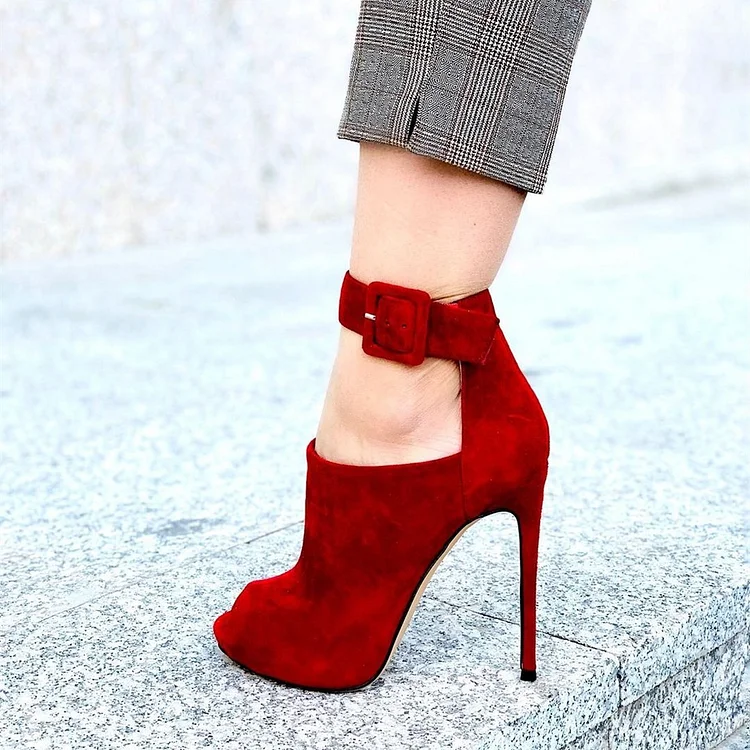 Dark Red Vegan Suede Peep Toe Booties Stiletto Heel Cut Out Boots |FSJ Shoes