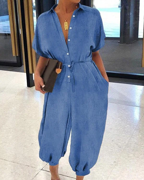Solid Color Pocket Belted Shirt Jumpsuit