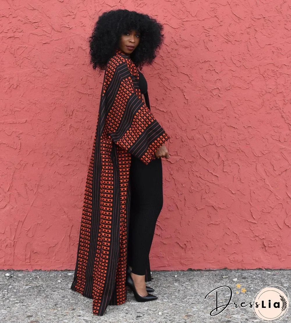 Printed Long Sleeve Open Front Long Cardigan Tops