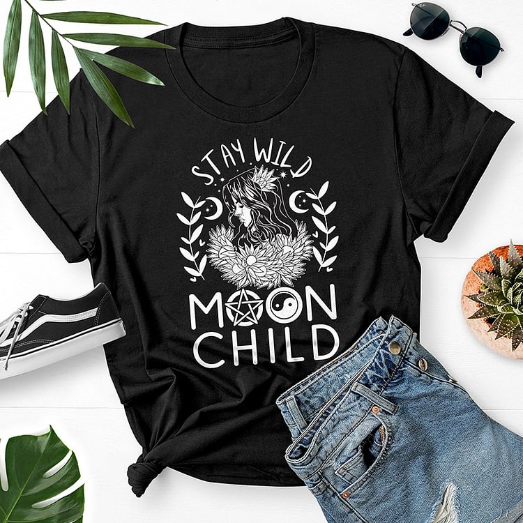 Stay Wild Moon Child Women T Shirt Moon Girl Spooky Metal T-shirt Ladies Funny Graphic Tee Hipster Fashion Gothic Clothes Skull