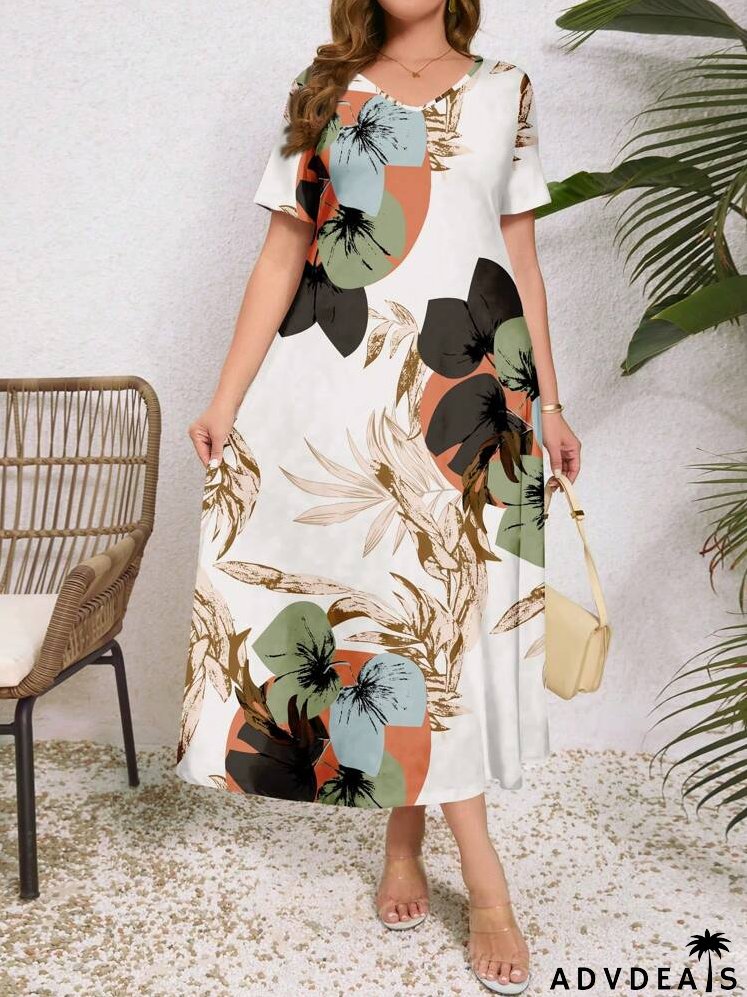 Plus Size Women Casual V-Neck Short Sleeve Dress, Summer