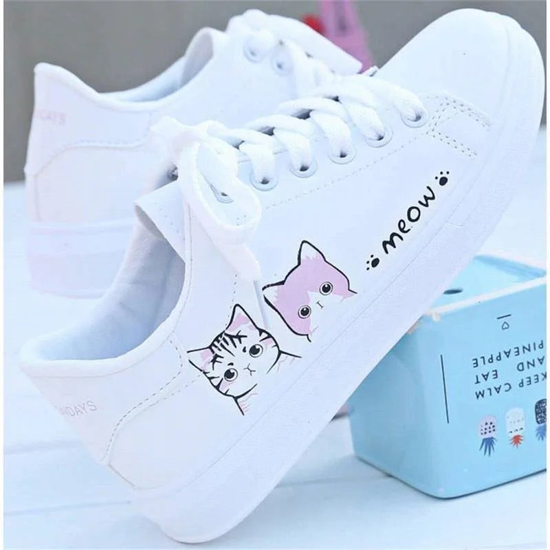 2020 New Arrival Fashion Lace-up Women Sneakers Women Casual Shoes Printed summer Women Pu Shoes Cute Cat Canvas Shoes
