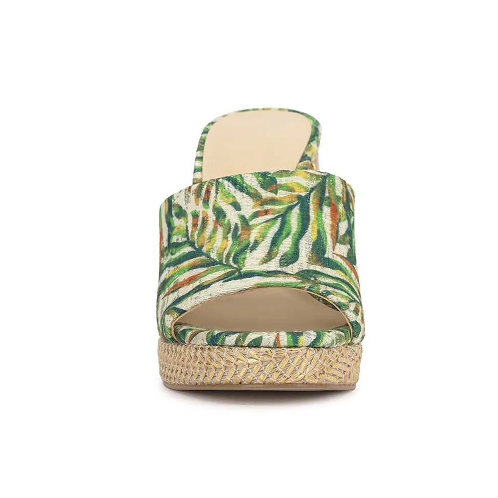 Multicolor Leaves Print Woven Women's Heel Sandals with Platform