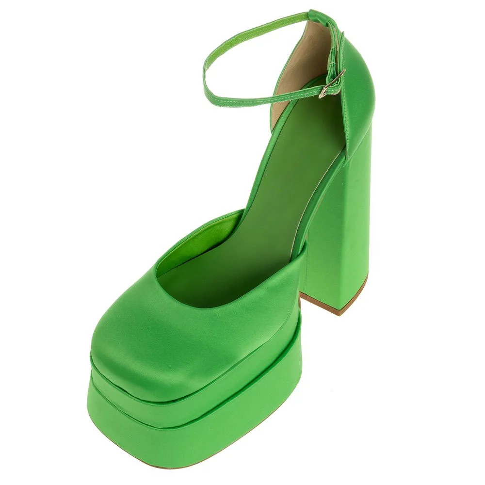 Classic Green Satin Ankle Strap Square Toe Women's Platform Heels