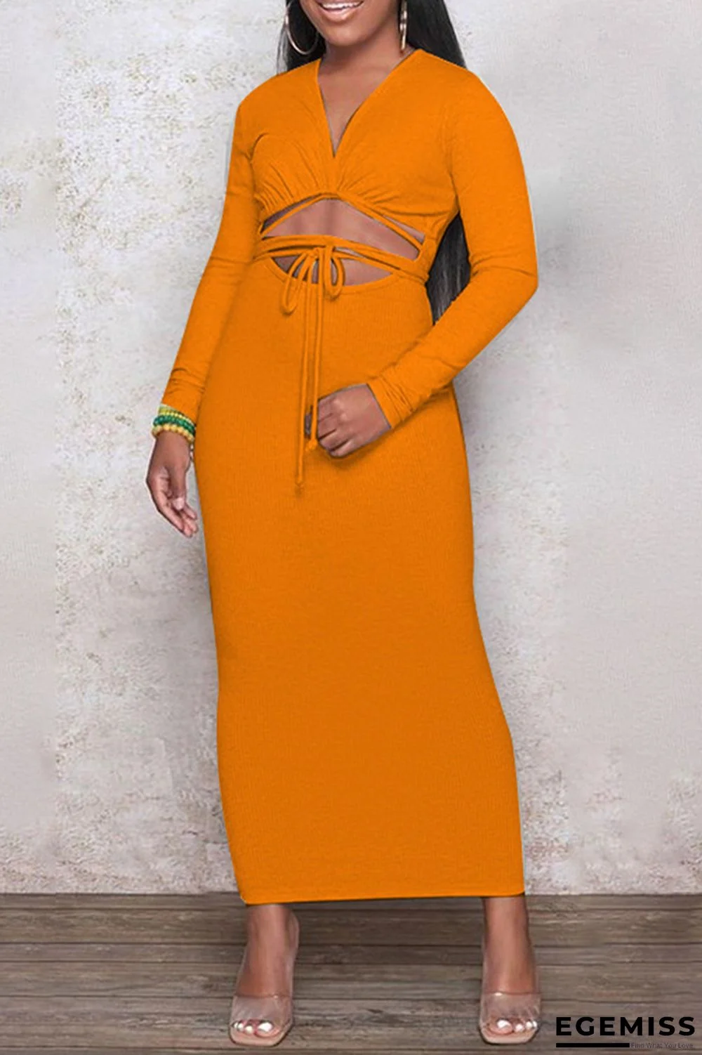 Orange Fashion Casual Solid Leopard Bandage Hollowed Out V Neck Long Sleeve Dresses | EGEMISS