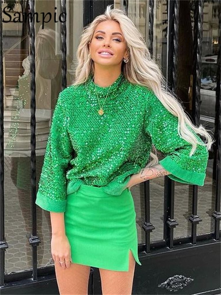 Sampic Elegant Y2K Vintage Chic Women Green Oversized Sequins T Shirt Tops 2022 New Year Spring Casual Party Blouse Shirt