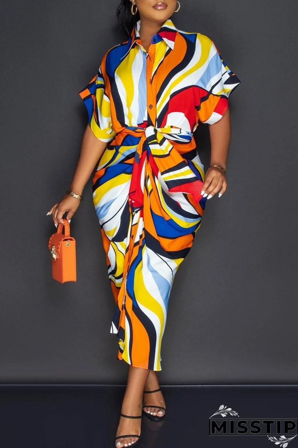 Blue Fashion Casual Print Patchwork Turndown Collar Shirt Dress