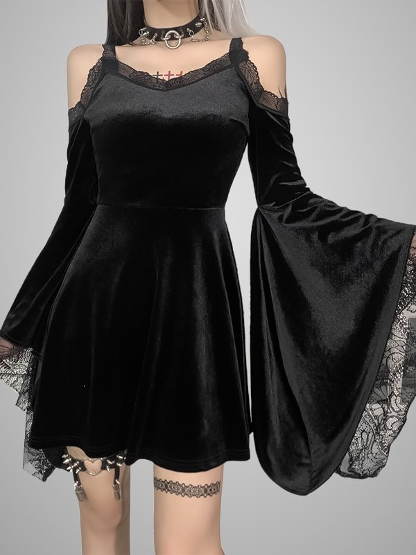 Lace Bell Sleeve Cold Shoulder A-line Dress