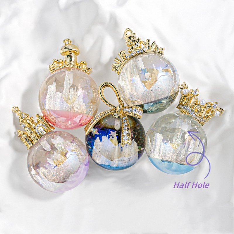 five transparent acrylic bead with castle and stars inside and golden accessoried