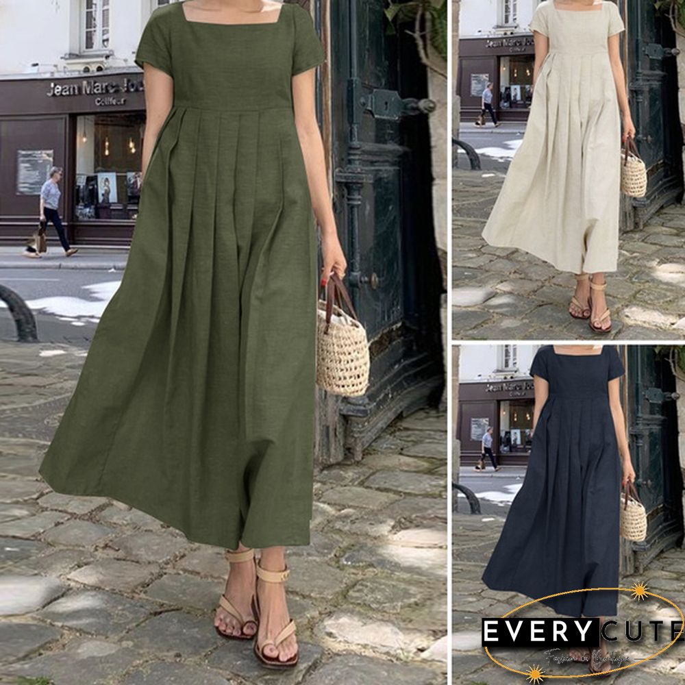 Square Collar Loose Short Sleeve Long Dress Summer Square Collar Solid Color Women Clothing