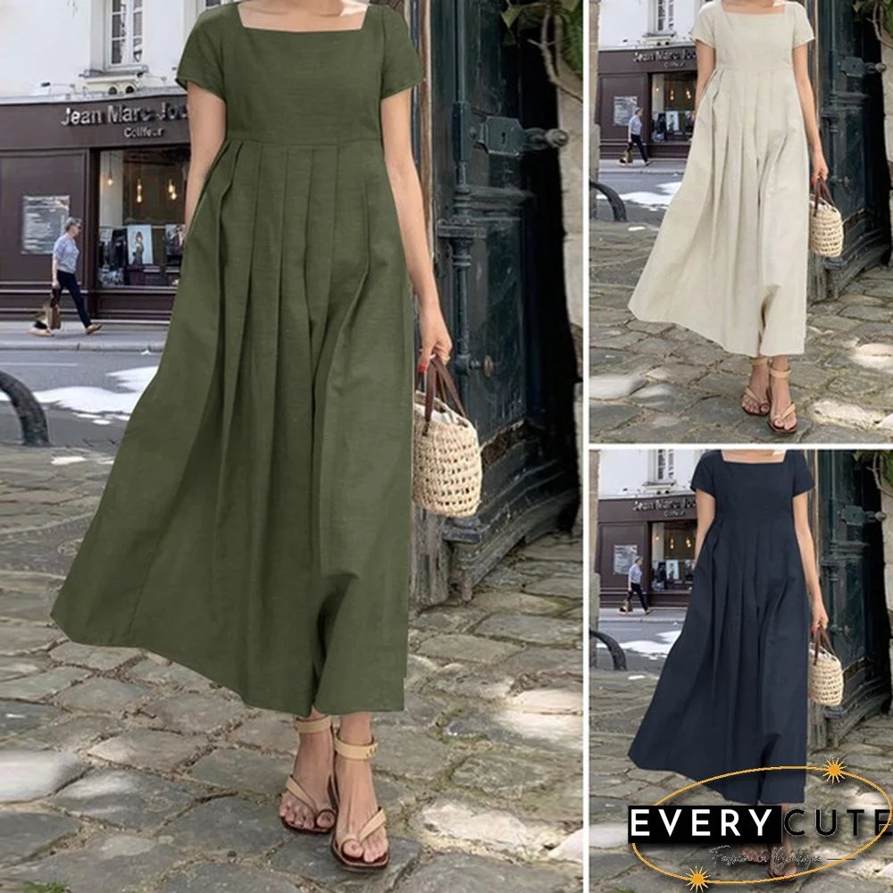 Square Collar Loose Short Sleeve Long Dress Summer Square Collar Solid Color Women Clothing