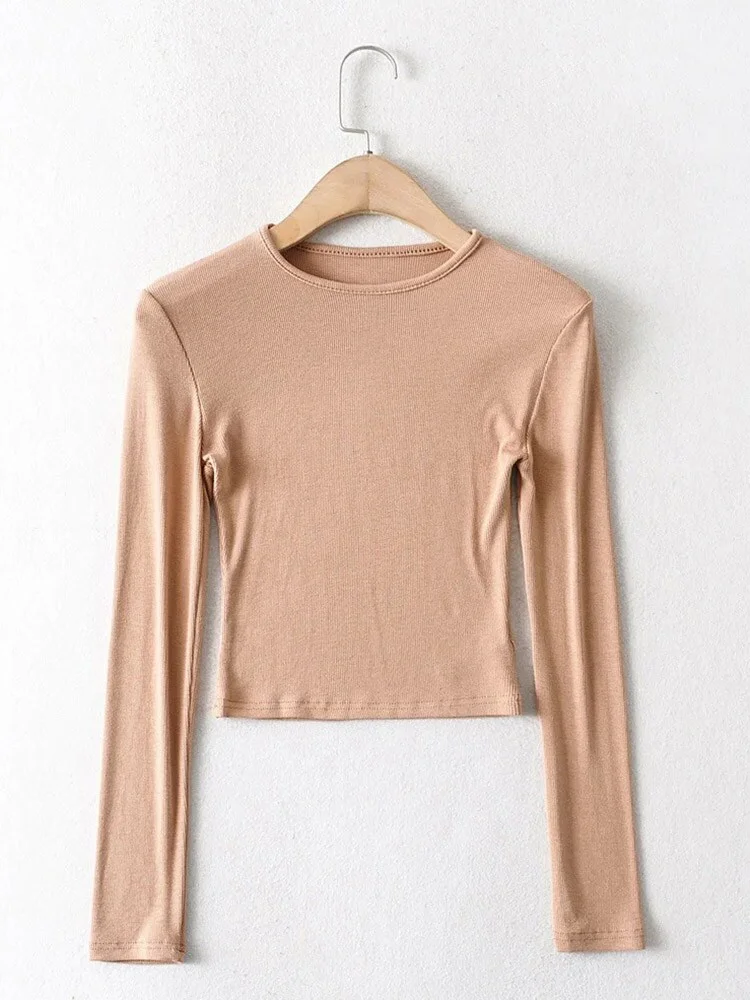 2023 Women Clothing Elastic Cotton Crop Tops Casual Solid O-neck Long-sleeve T-shirt
