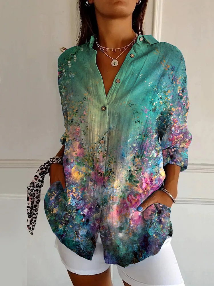 Retro Art Flower Print Casual Long Sleeve Shirt