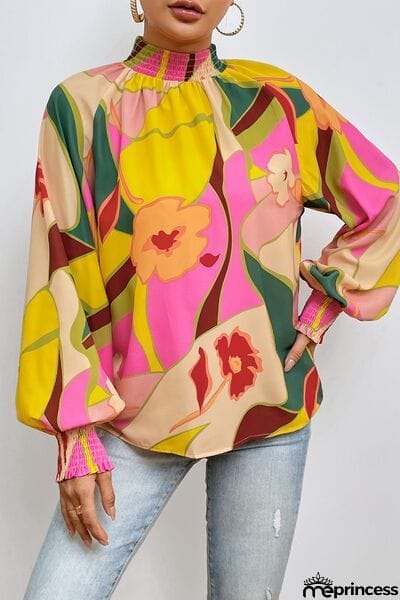 Floral Smocked Lantern Sleeve Mock Neck Blouse