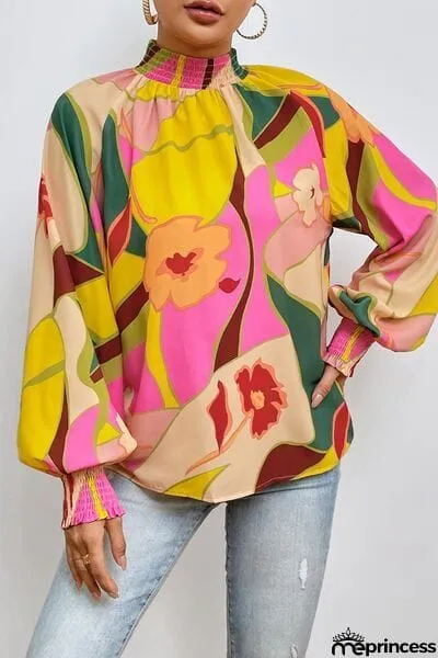 Floral Smocked Lantern Sleeve Mock Neck Blouse