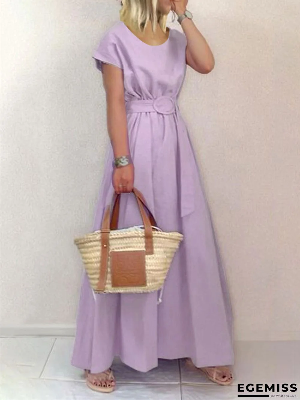 New Long Skirt Round Neck Solid Belt Large Dress | EGEMISS