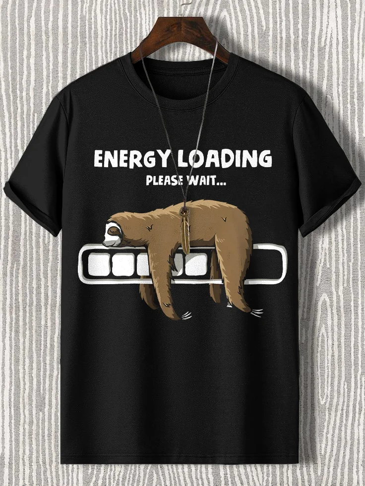 100% Cotton Men's Energy Loading Please Wait Sloth Print Cotton Casual T-Shirt