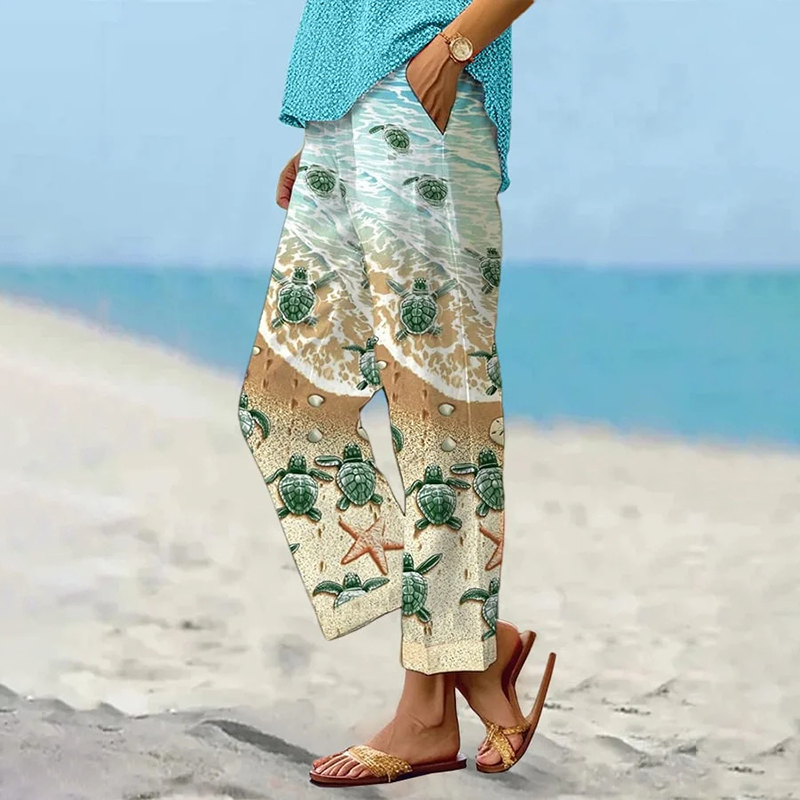 Sea Turtle Print Vacation Casual Pants
