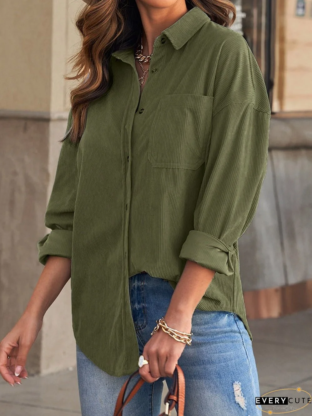 Green Corduroy Button-Up Pocket Blouse