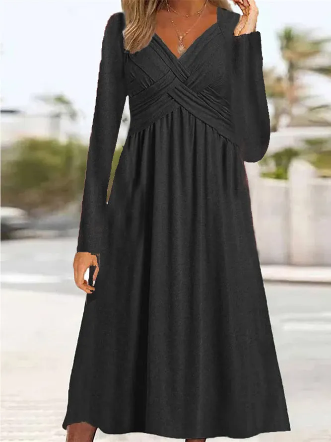 Women's Lace-up Solid Color V-Neck Long Sleeve Maxi Dress