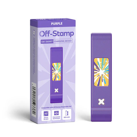 Purple Off-Stamp SW smart rechargeable battery, 900mAh, with HD screen and animation.