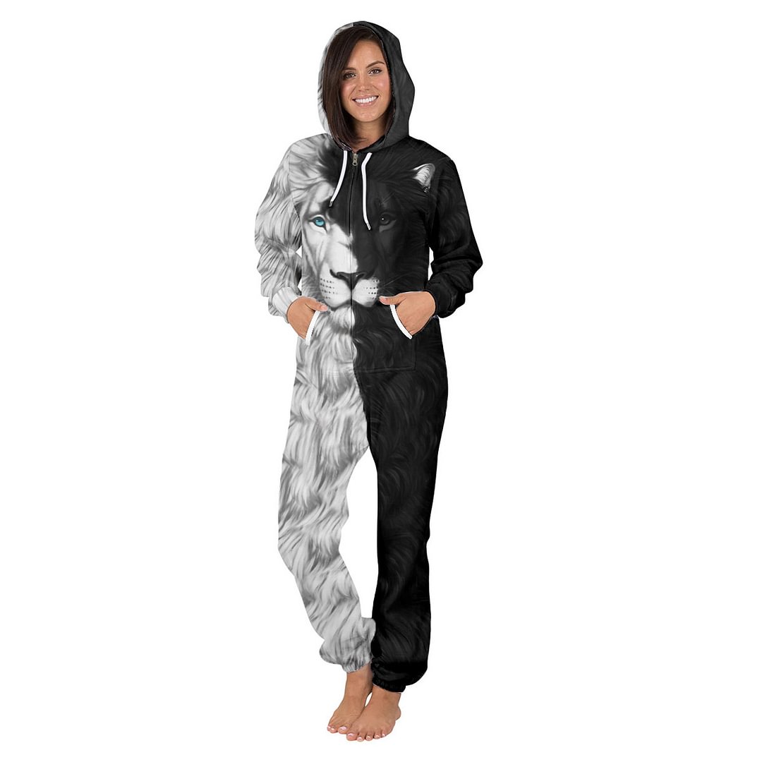 Lion Digital Printing Zipper Fleece Sweater Jumpsuit Casual Pants Hoodies