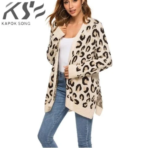 Pornhint Leopard-print cardigan medium-length sweater women's open-fork knitted jacket new European and American women's wear in autumn a